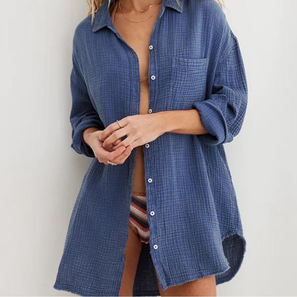 aerie Blue Gauze Button-Up Tunic Shirt